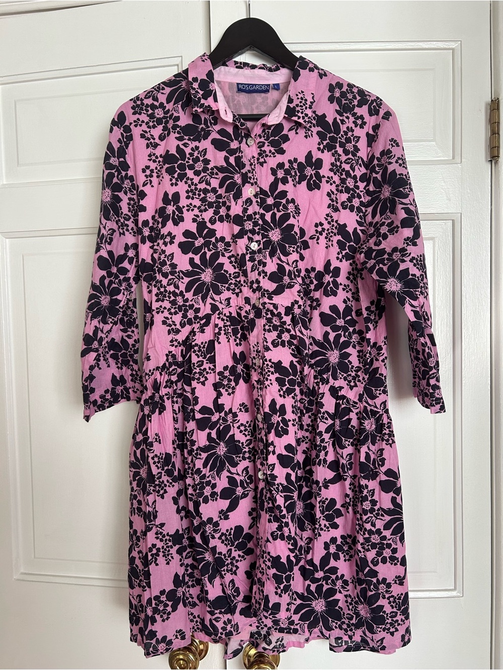Ro’s Garden Deauville Short Dress Pink Black Floral Shirt Dress Size L